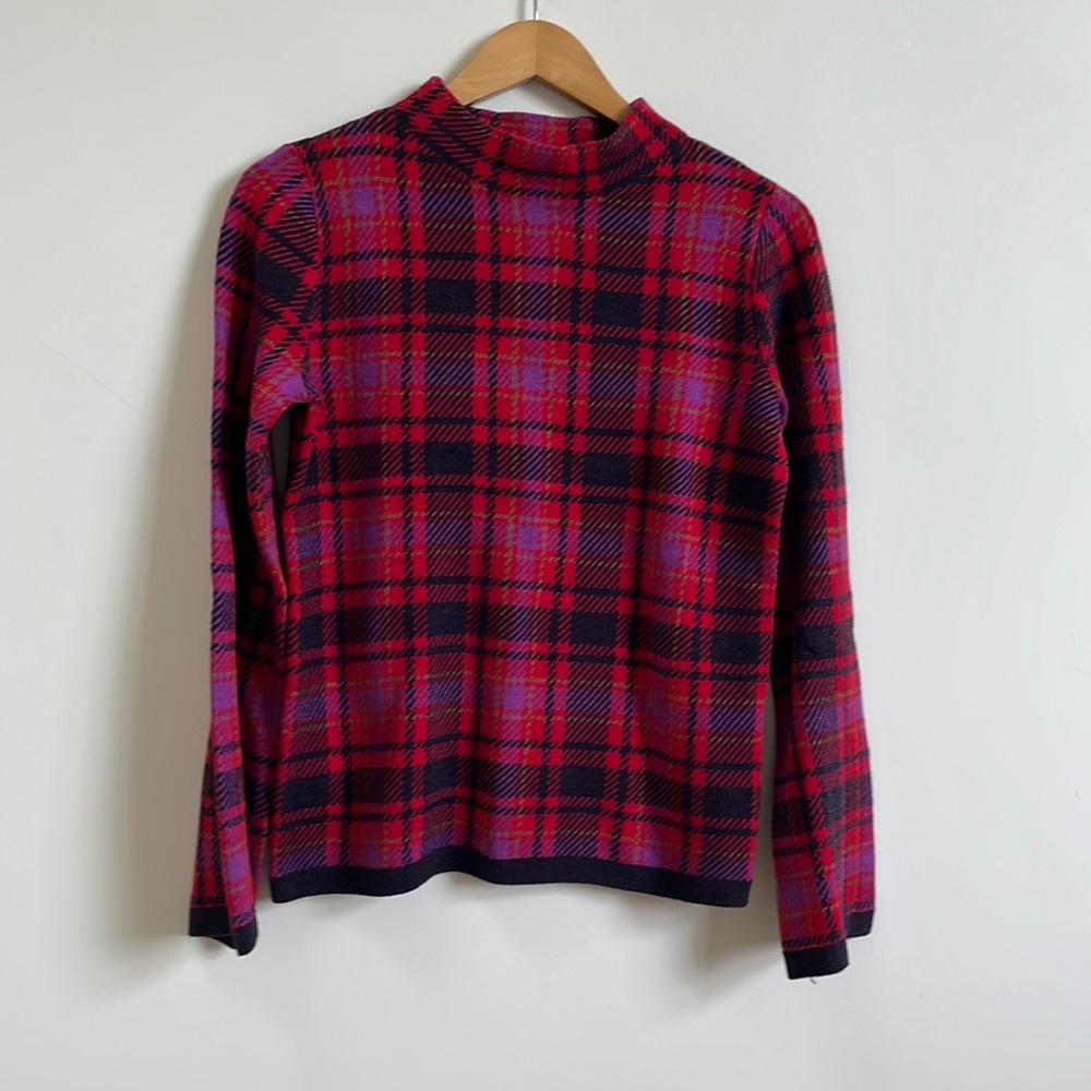 -Ann Taylor Red Plaid Winter Holiday Festive Mock Funnel Neck Sweater Xsmall